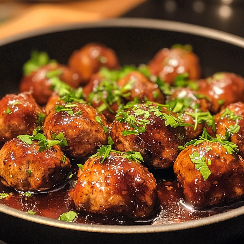 A pan of meatballs with gravy.