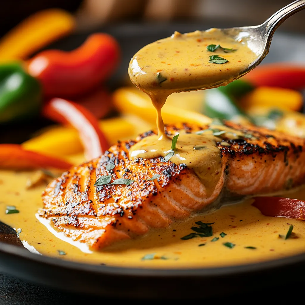 A spoonful of sauce is being poured over a piece of fish.