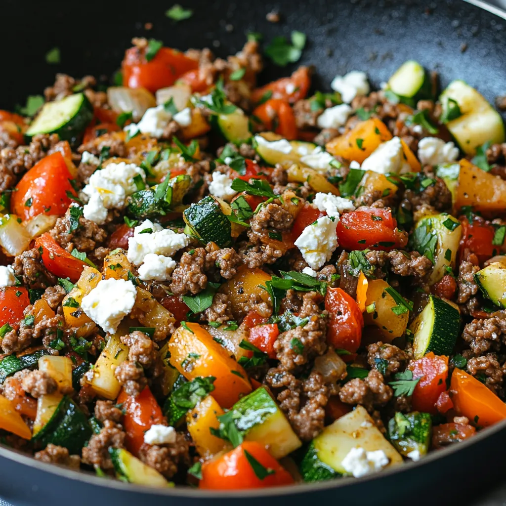 A pan of food with meat, vegetables and feta cheese.