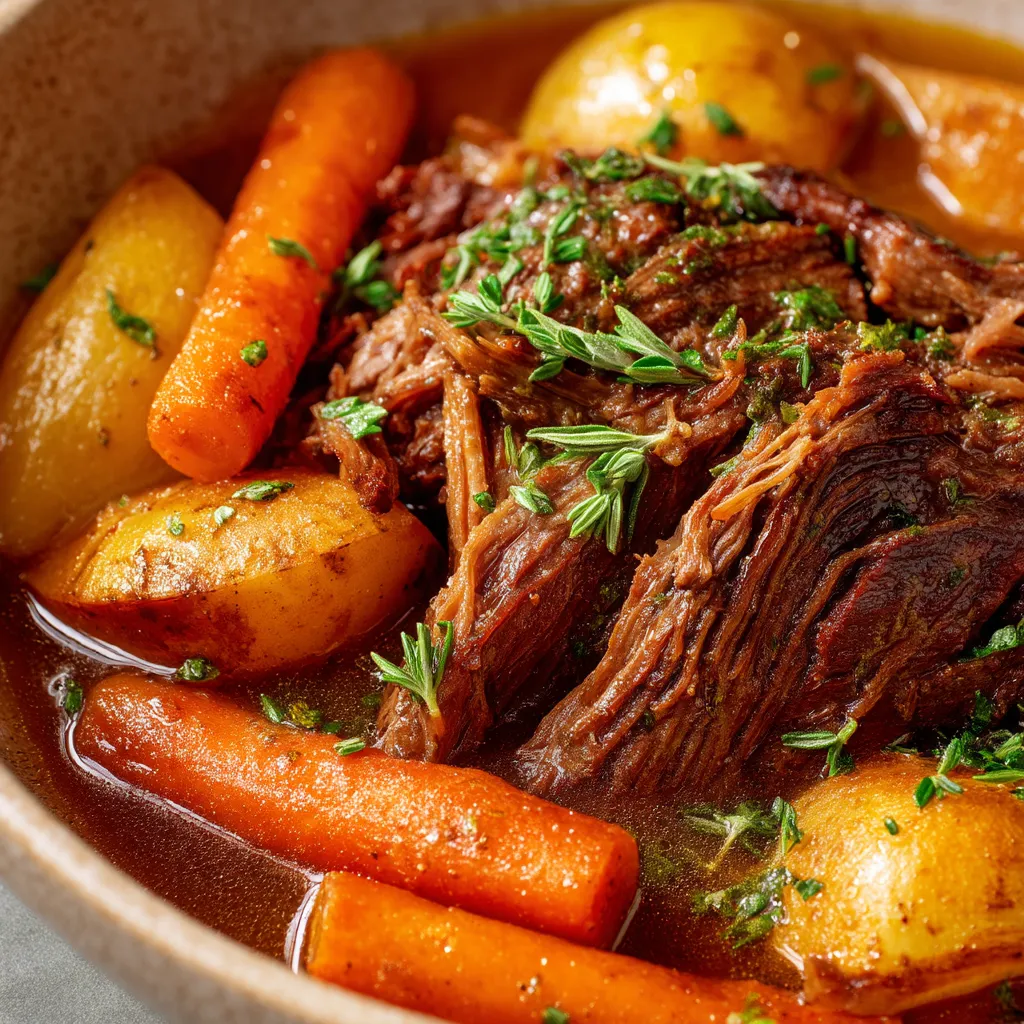A bowl of beef stew with carrots and potatoes.