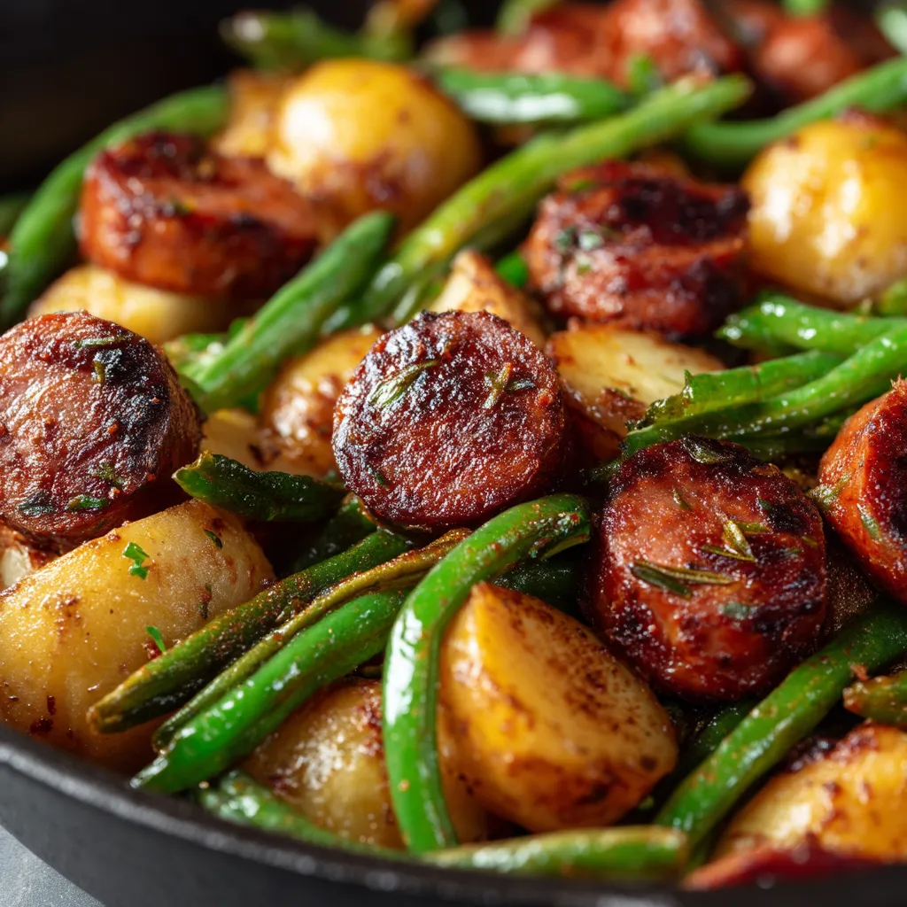 A plate of food with sausage, potatoes, and green beans.