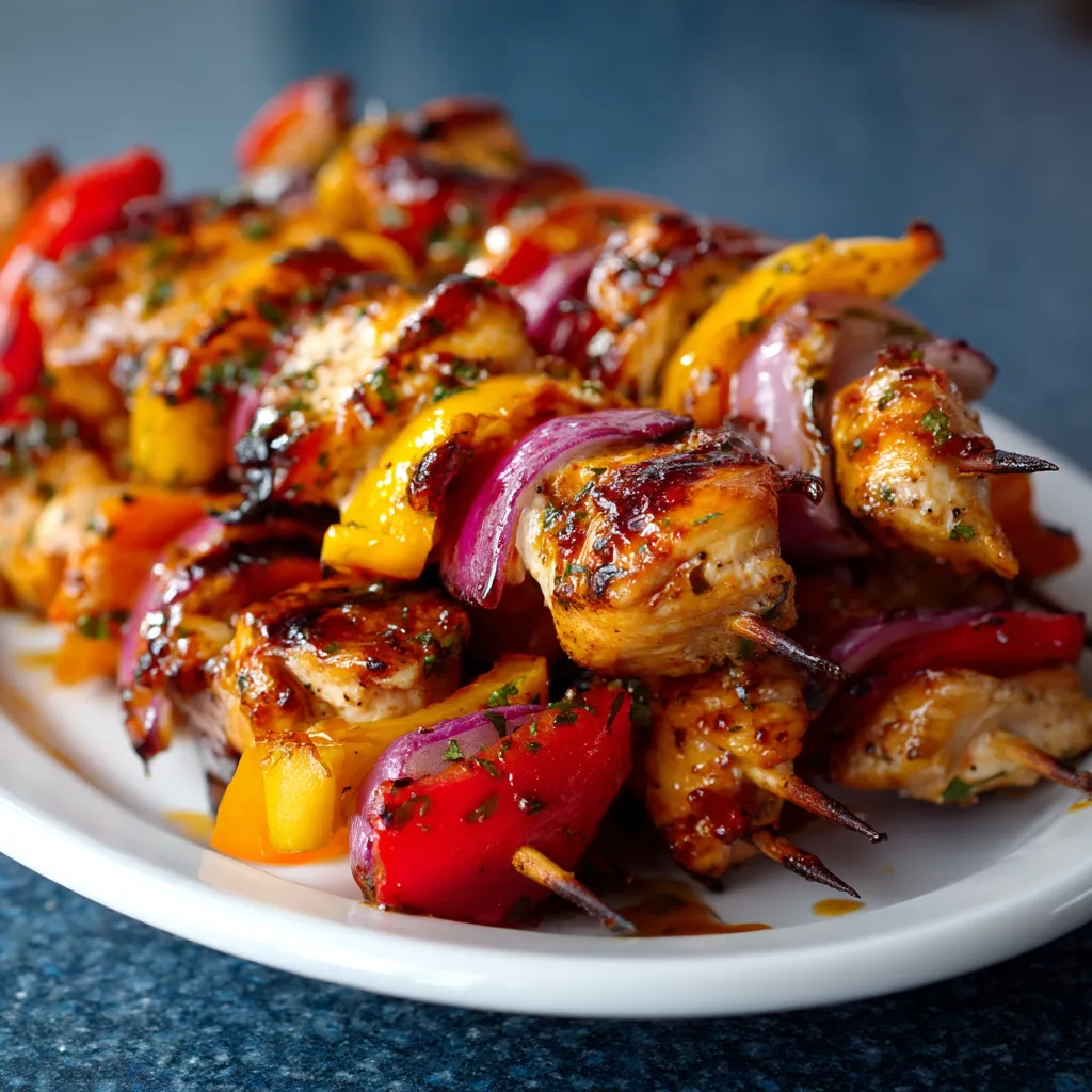 A plate of food with chicken, peppers, and onions.
