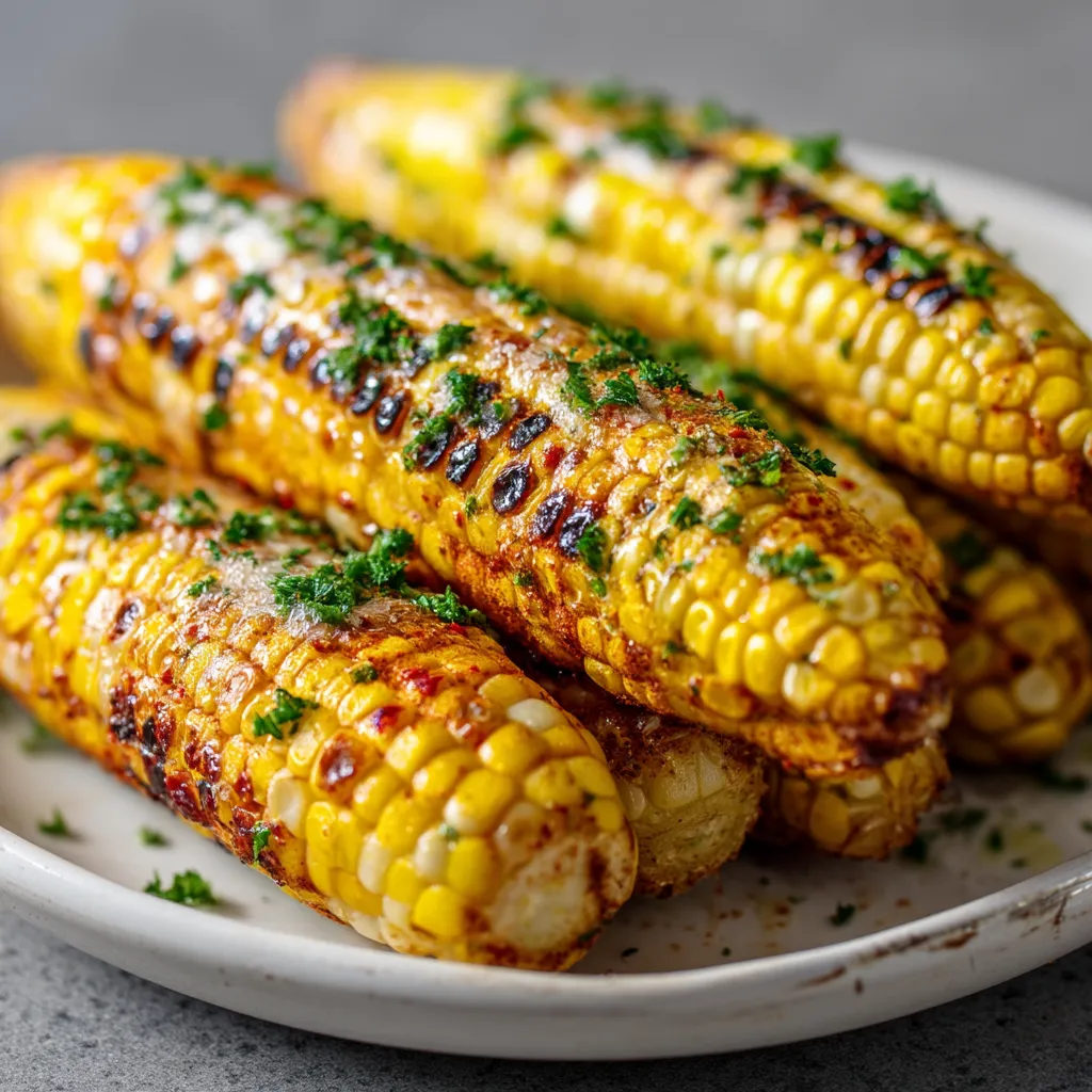 A plate of grilled corn on the cob.