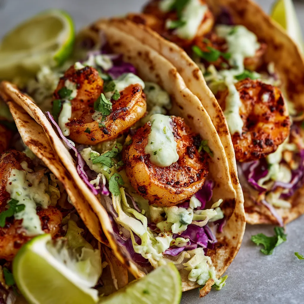 A plate of shrimp tacos with lime wedges.