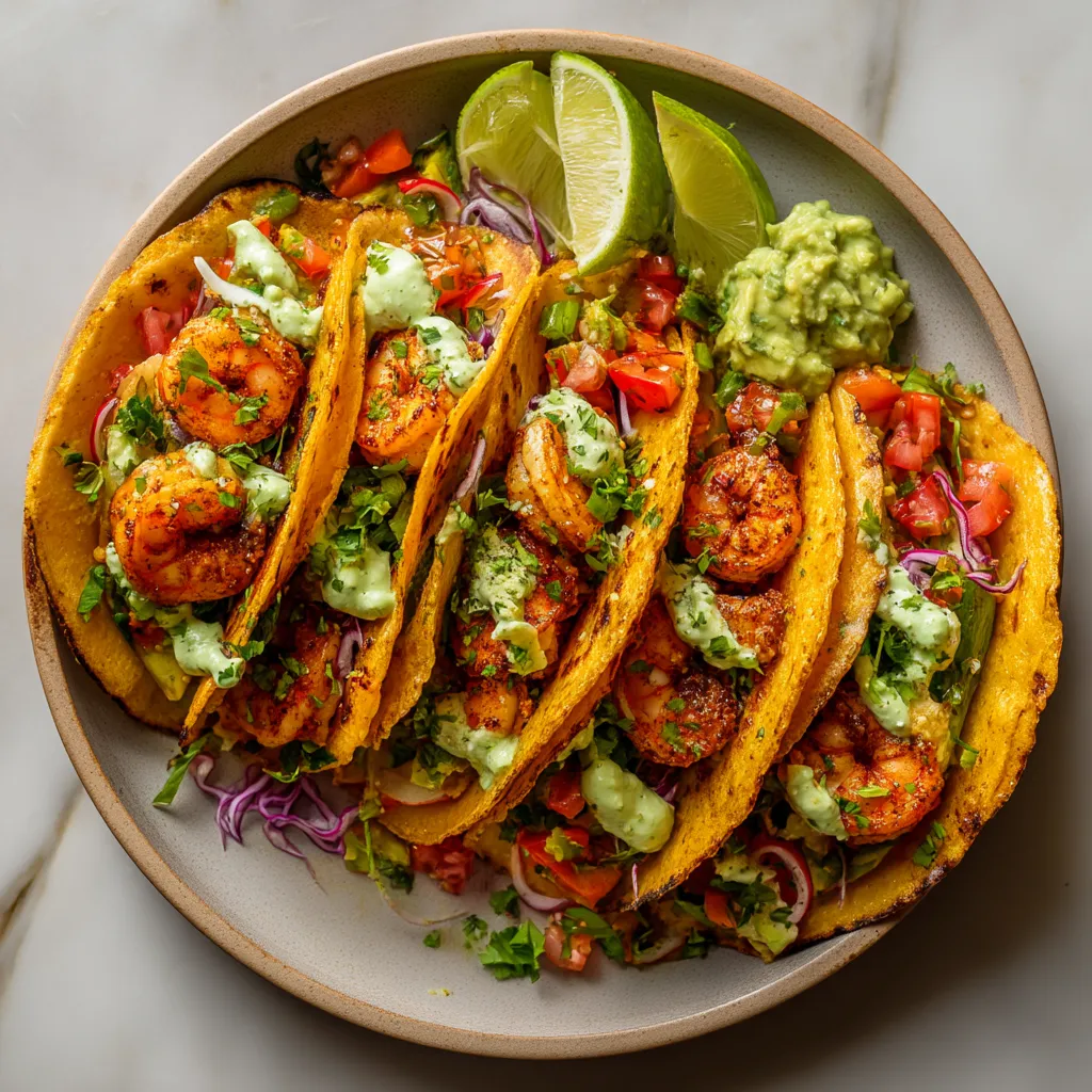 A plate of food with shrimp, guacamole, and lime.