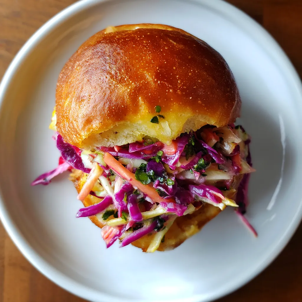 A sandwich with coleslaw on a white plate.