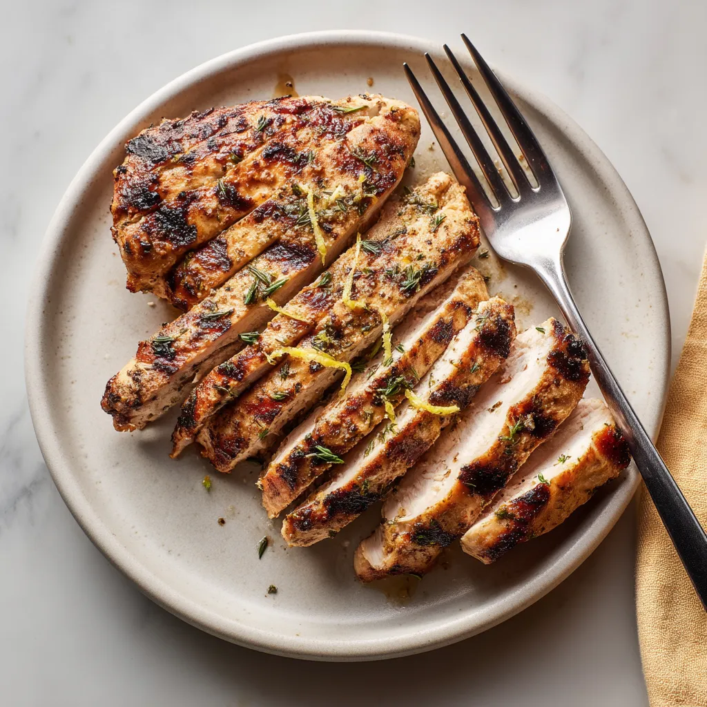 A plate of chicken with a fork on it.