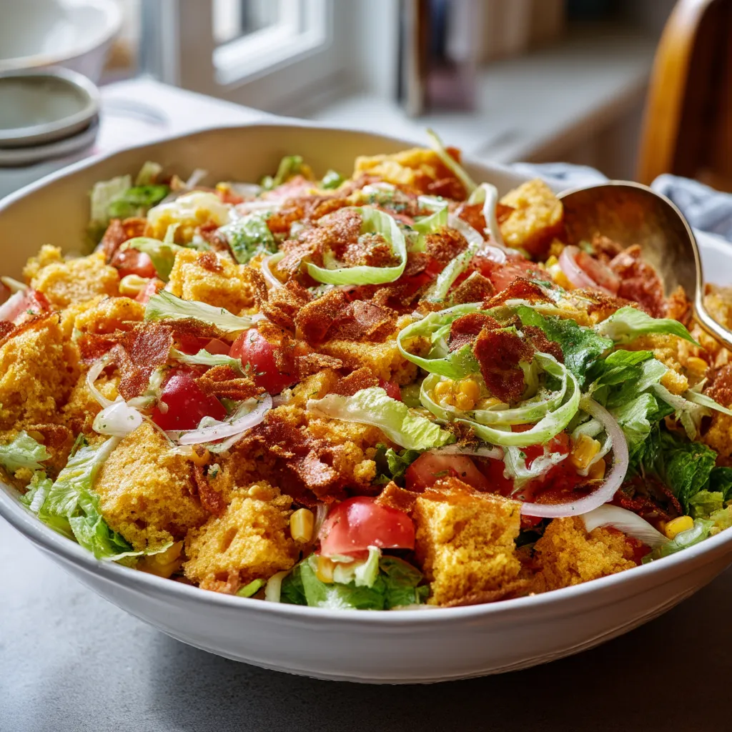 A bowl of salad with bacon, tomatoes, and lettuce.