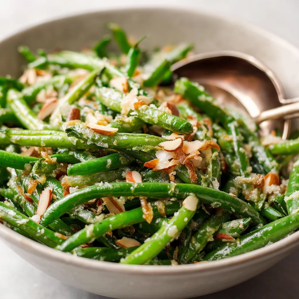 A bowl of green beans with almonds.