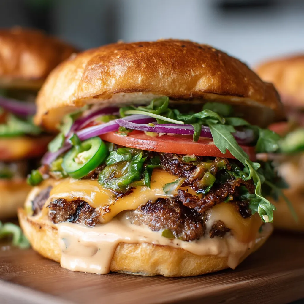 A close up of a burger with lettuce, tomato, and jalapenos.