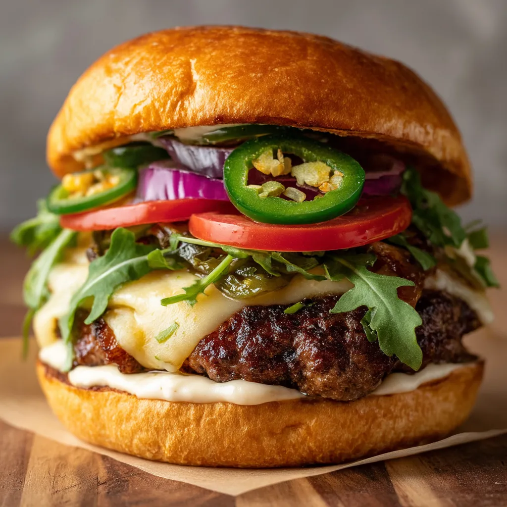 A burger with jalapenos and purple onions.