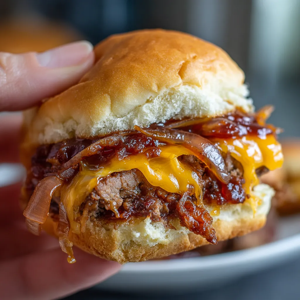 A person holding a sandwich with bacon and cheese.