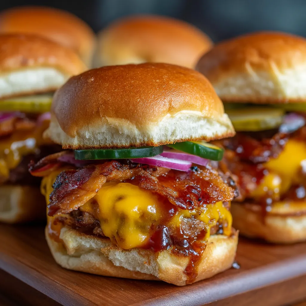 A plate of burgers with bacon and cheese.