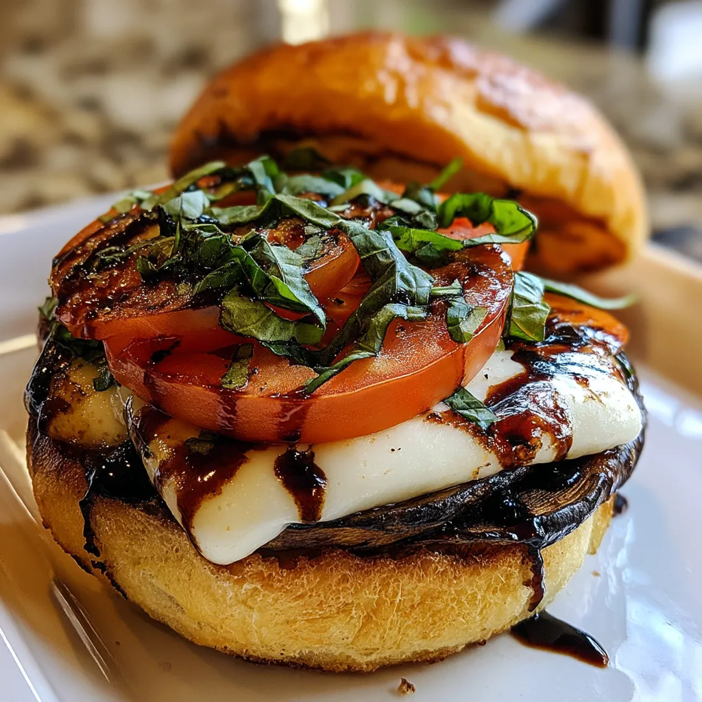 A burger with tomatoes and basil on a white plate.