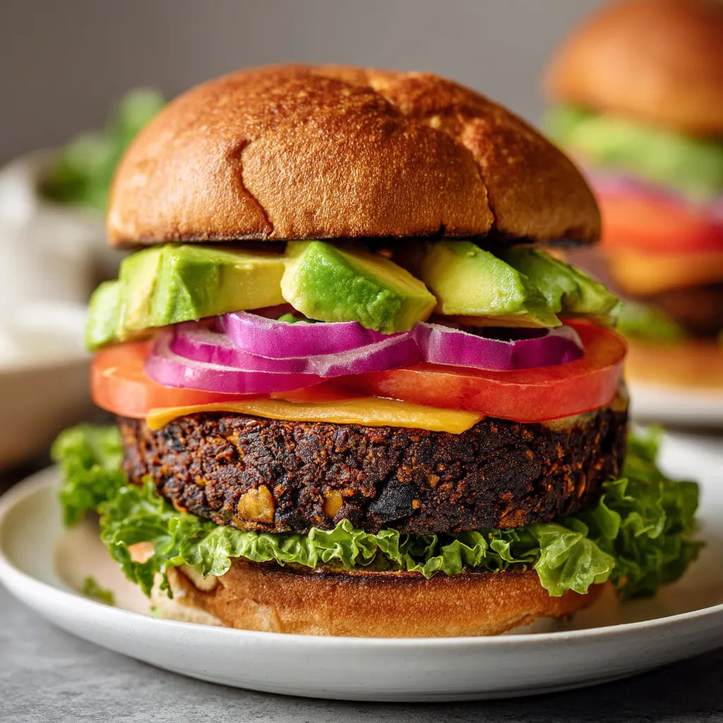 A burger with lettuce, tomato, and avocado on a bun.