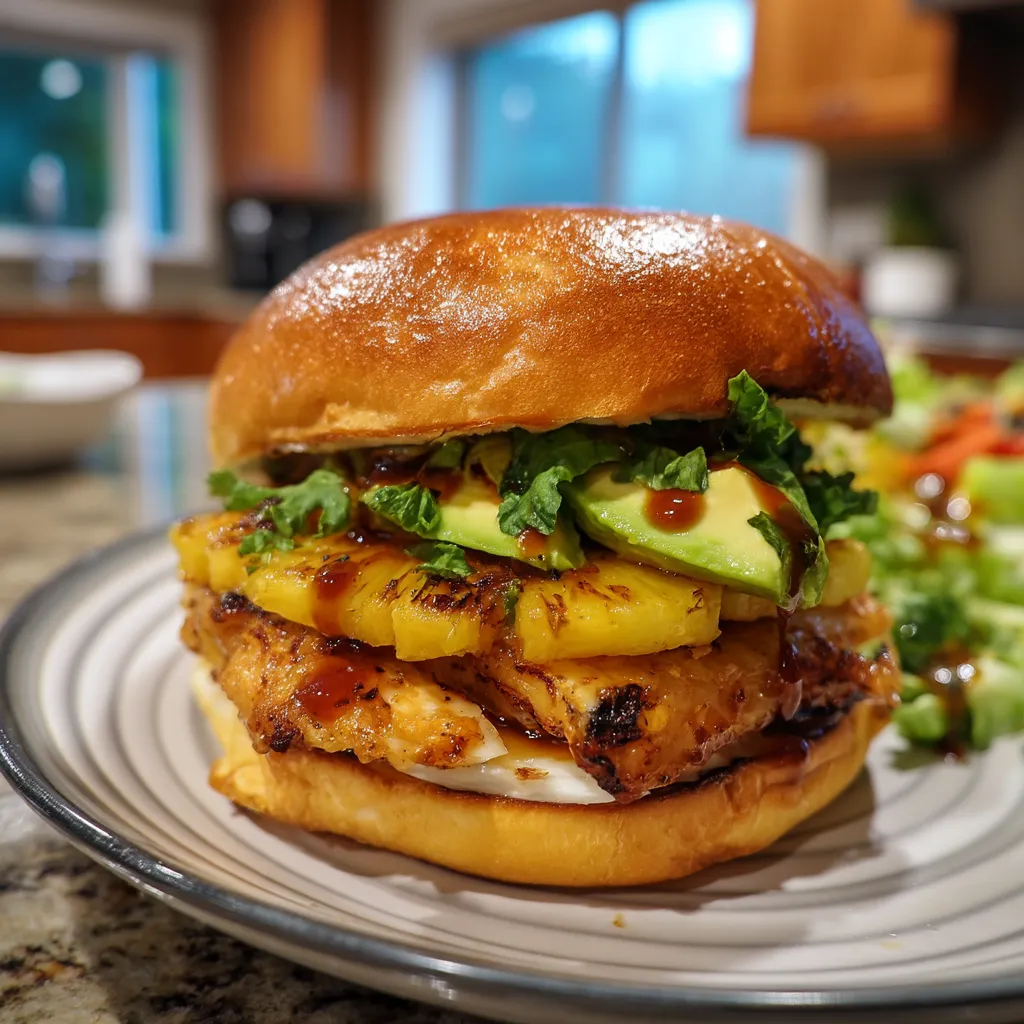 A sandwich with pineapple and avocado on a plate.