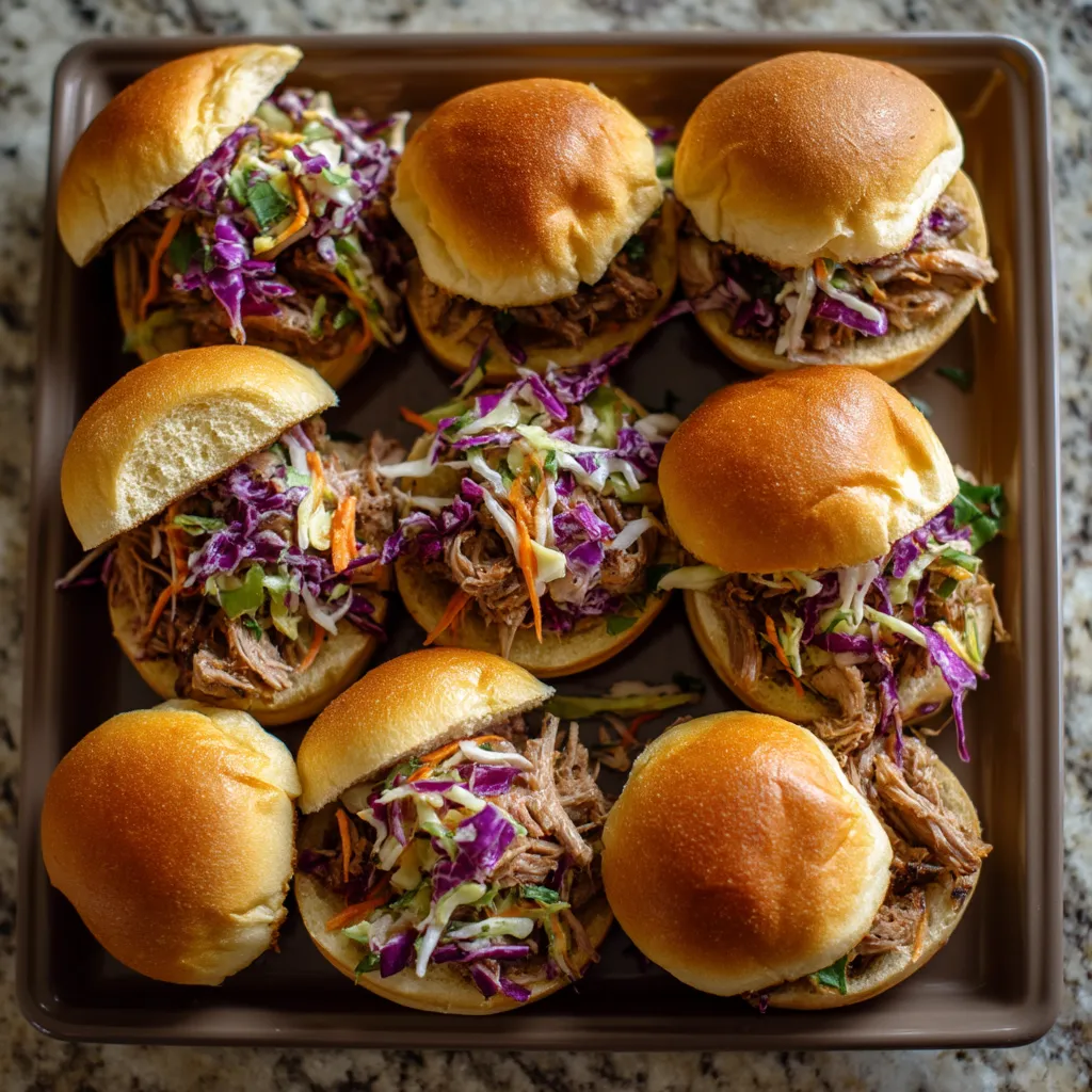 A tray of sandwiches with coleslaw.