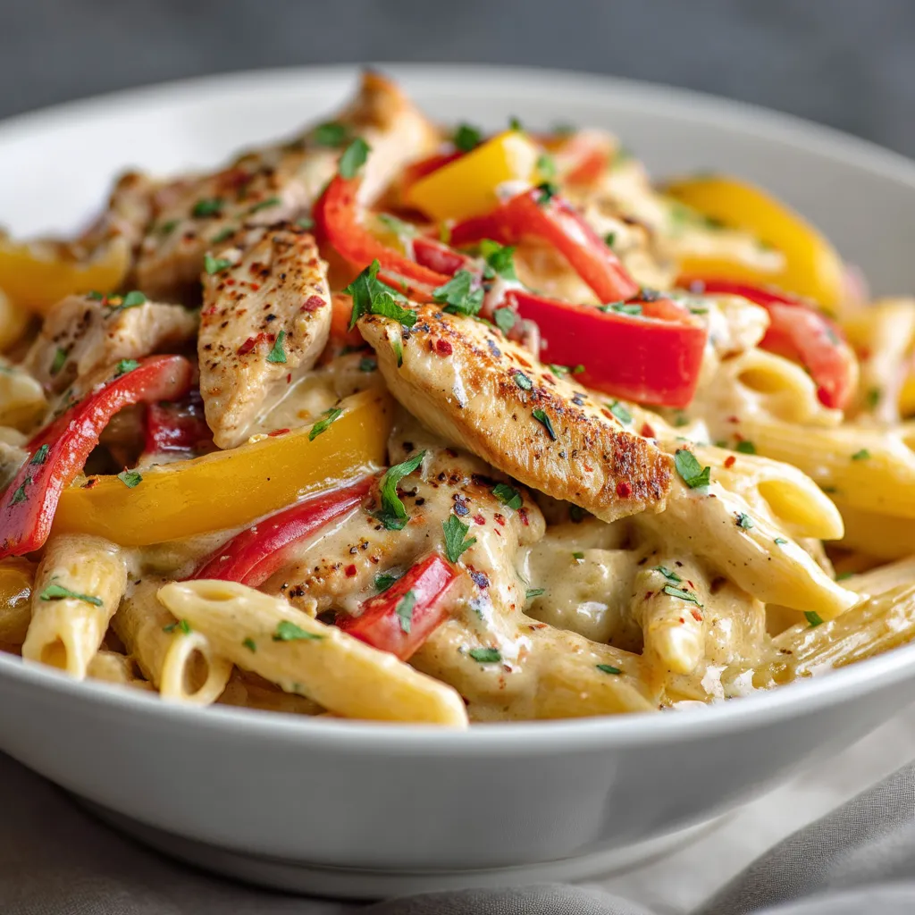 A bowl of pasta with chicken and peppers.