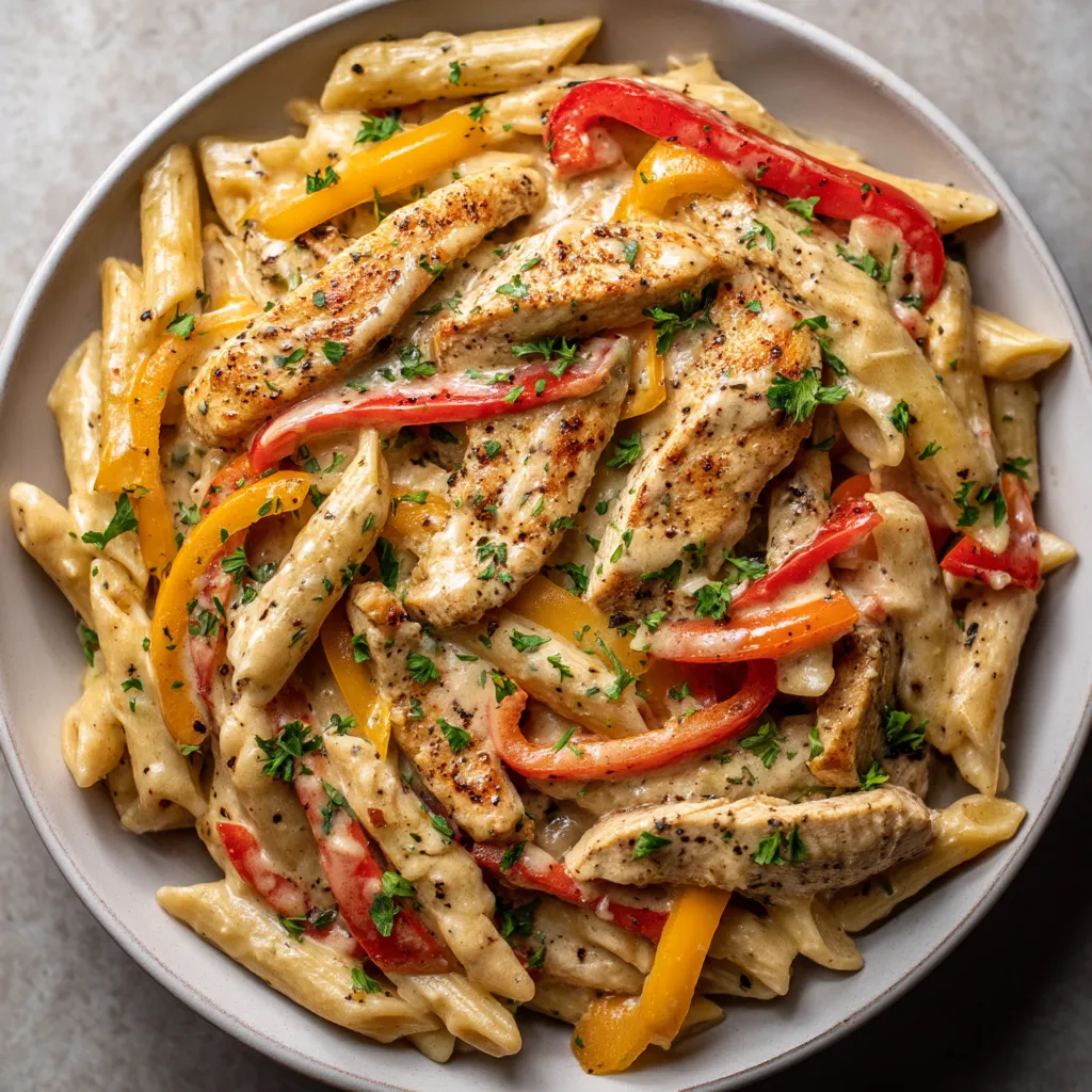 A bowl of pasta with chicken and peppers.