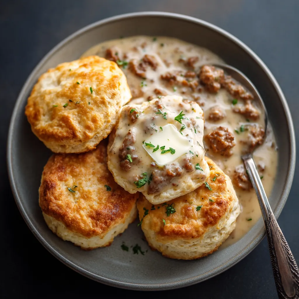 A plate of food with biscuits and gravy.