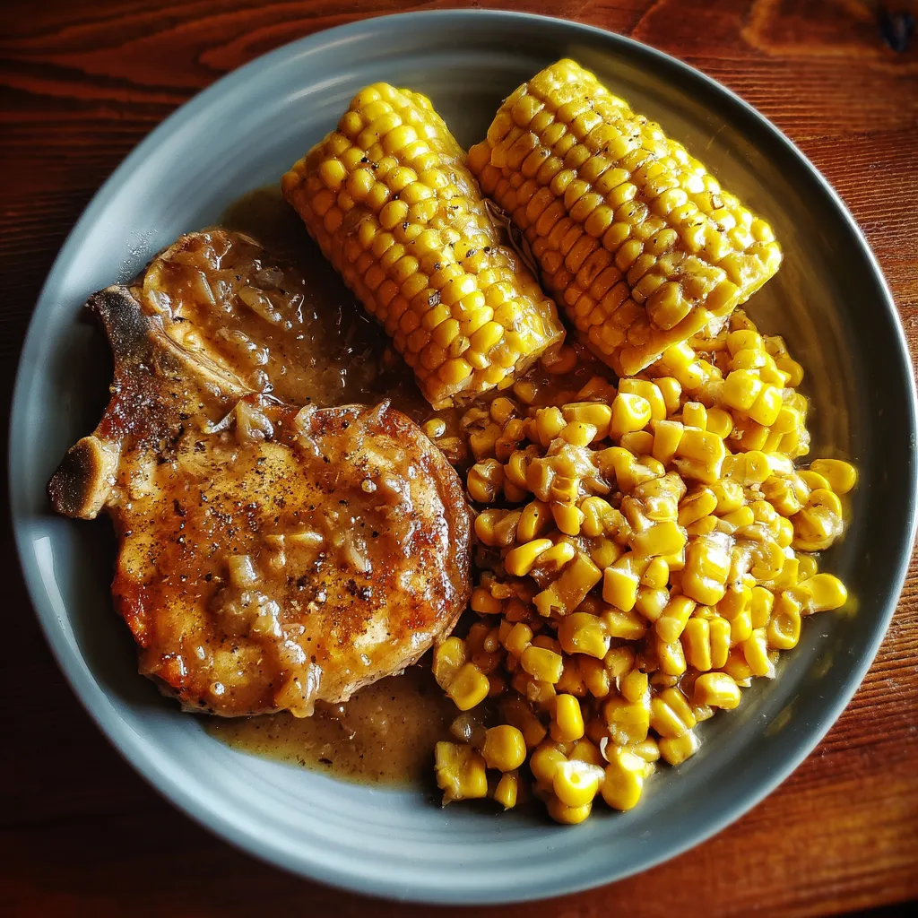 A plate of food with meat, corn, and beans.
