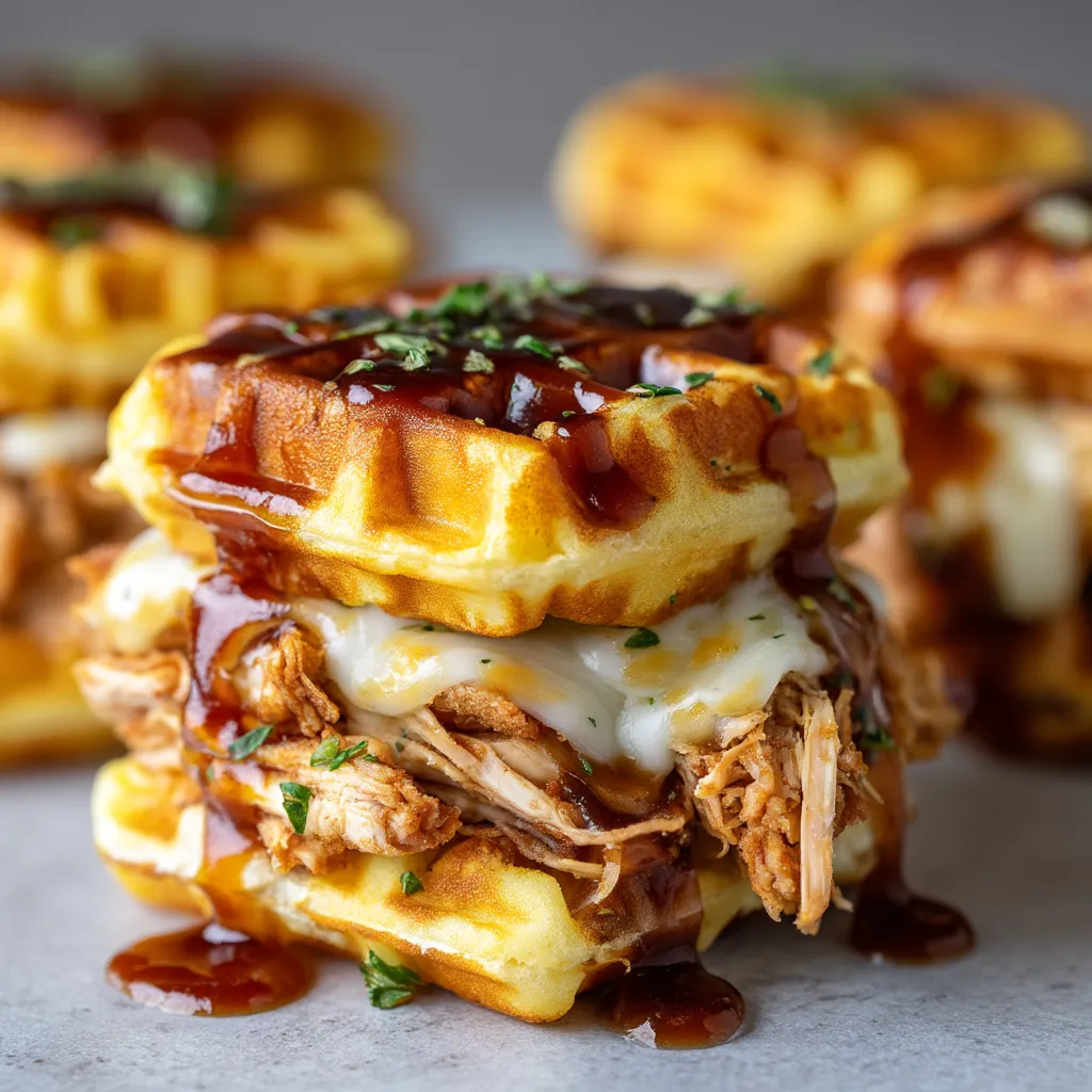 A stack of waffles with meat and gravy.