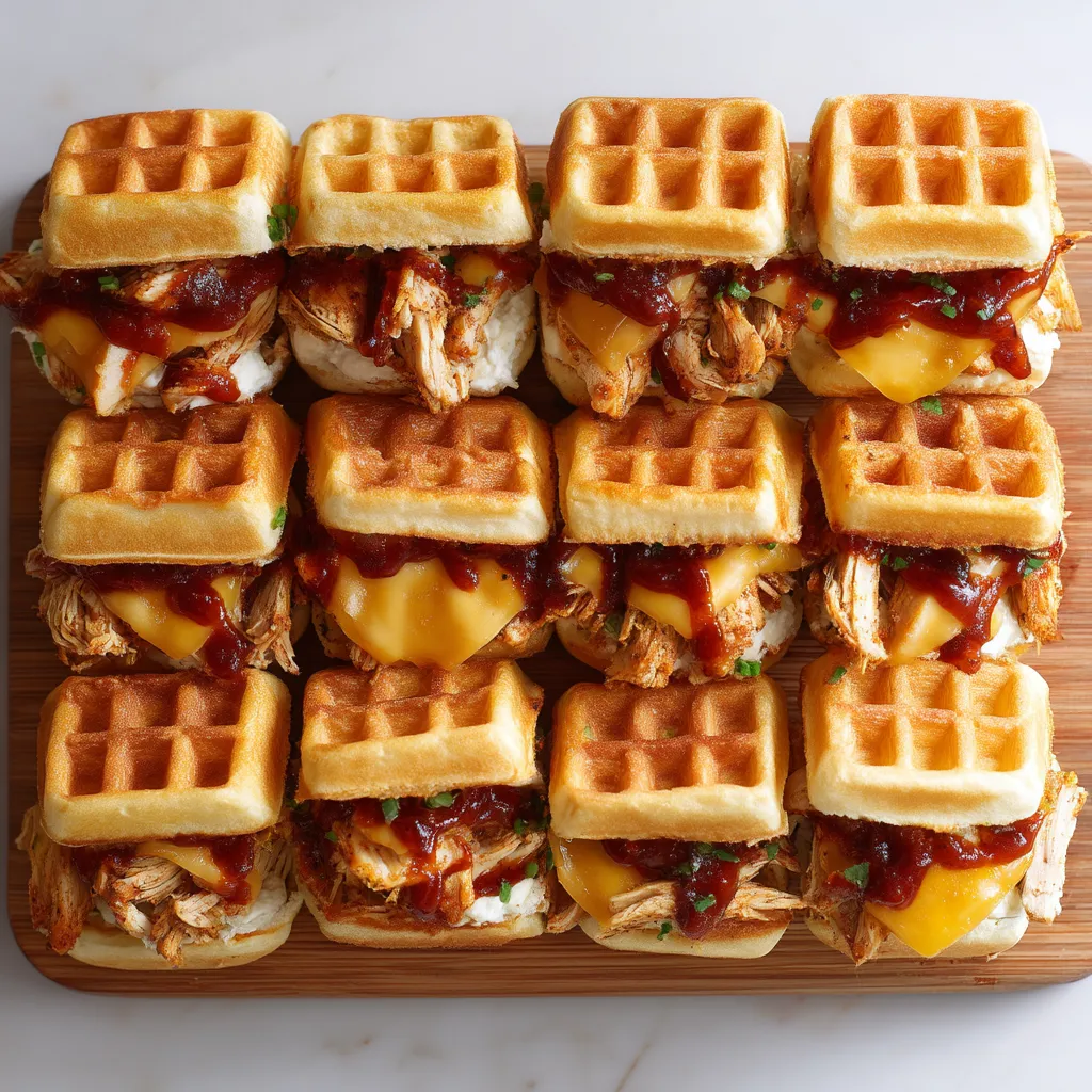 A plate of waffles with meat and cheese.