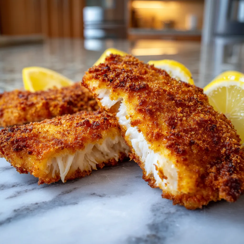 Two pieces of breaded fish on a marble counter.