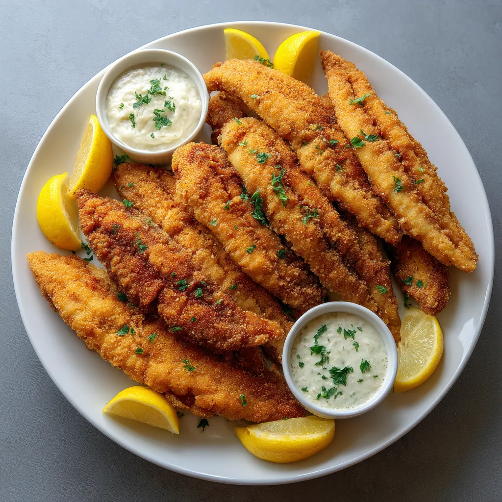 A plate of fish with lemon wedges and a bowl of sauce.