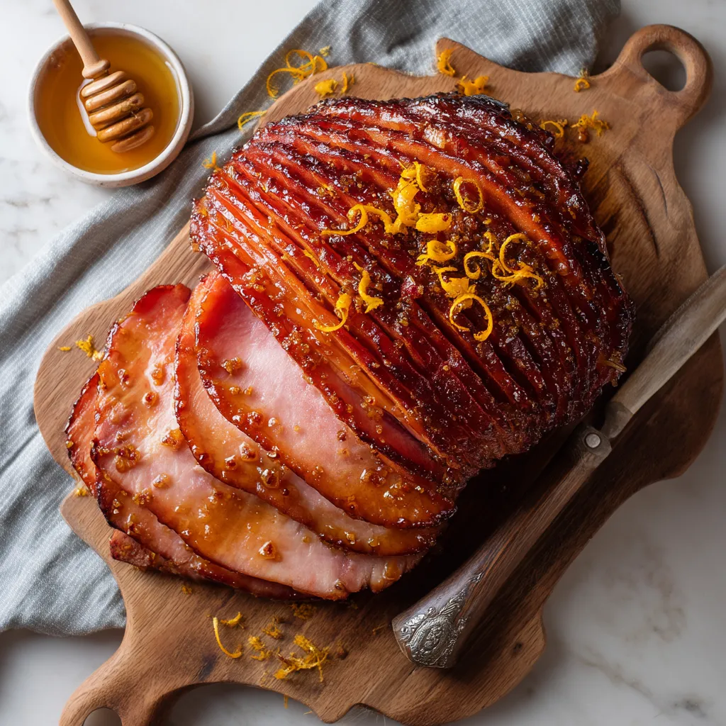 A wooden cutting board with a ham on it.