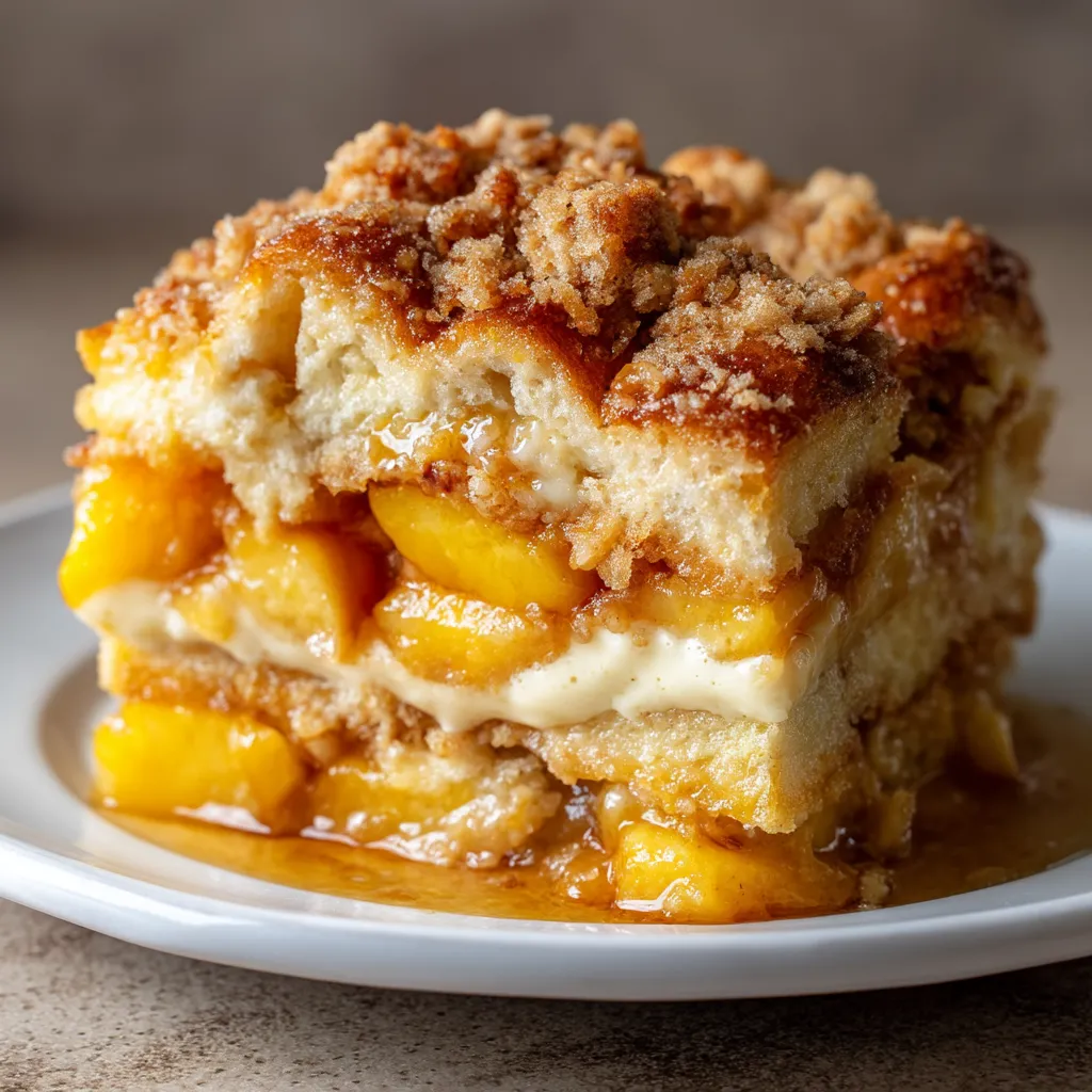 A slice of peach cobbler on a plate.