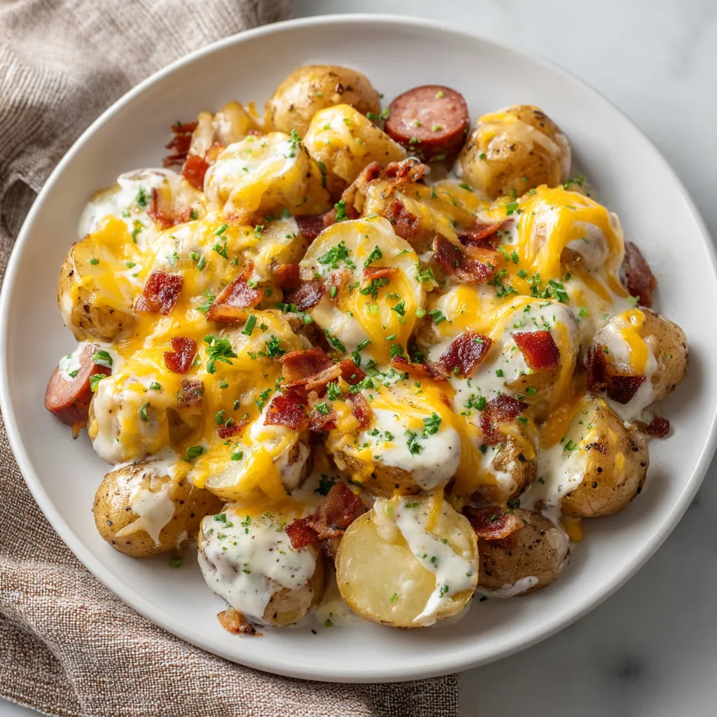 A plate of food with bacon and potatoes.