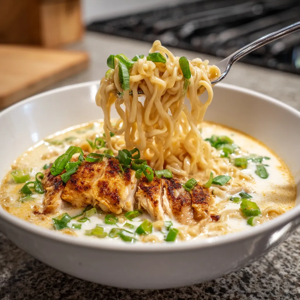A bowl of noodles with chicken and vegetables.