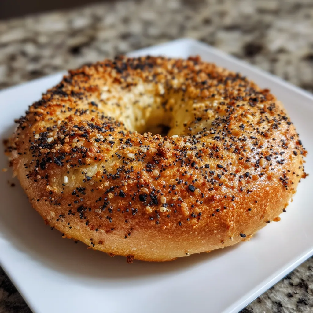 A bagel on a white plate.