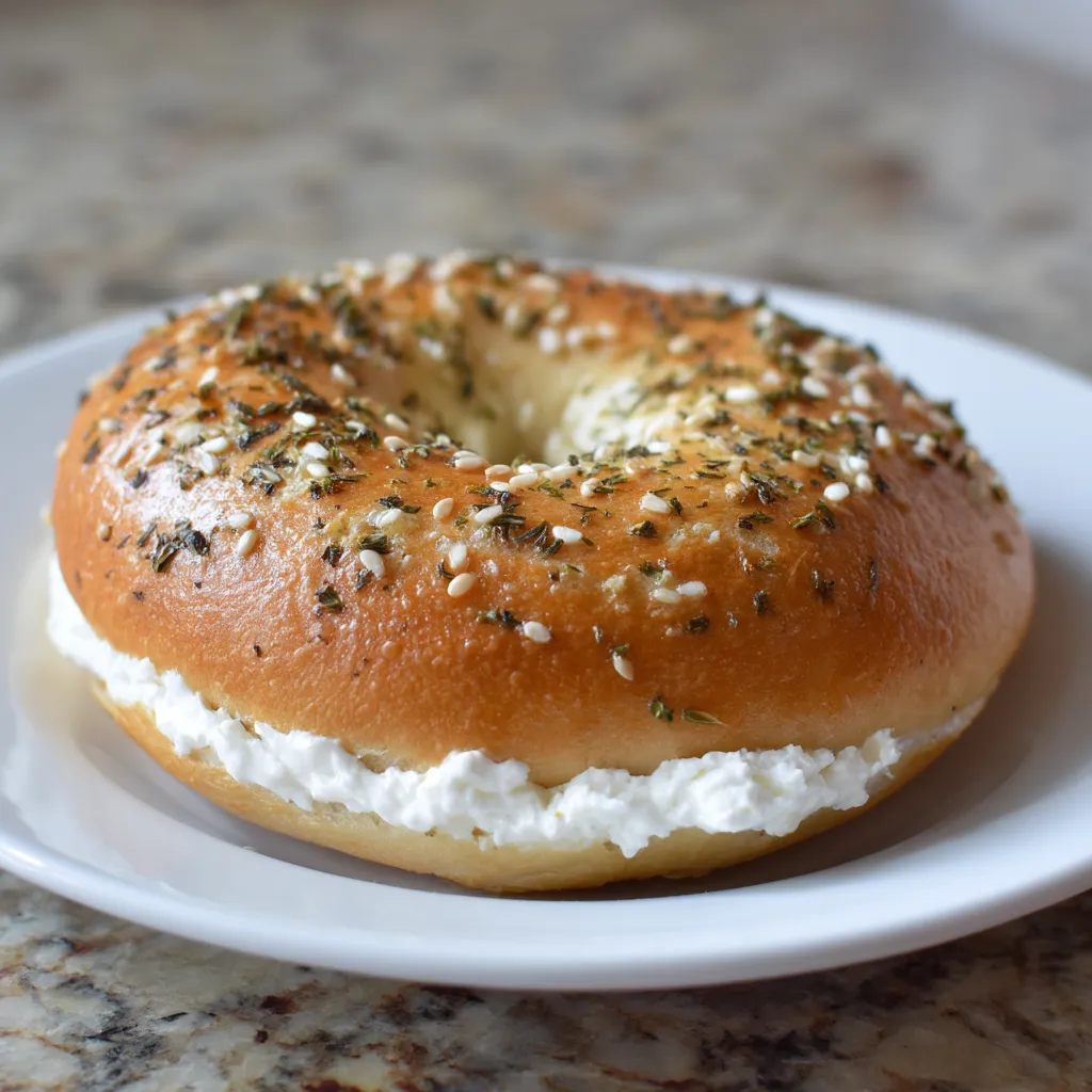 A bagel with white cream cheese on a plate.