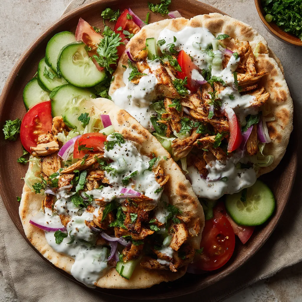 A plate of food with chicken, tomatoes, cucumbers, and onions.