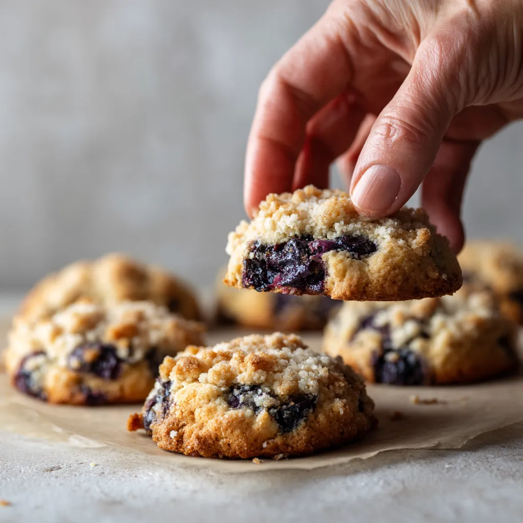 A person is holding a cookie with blueberry in it.