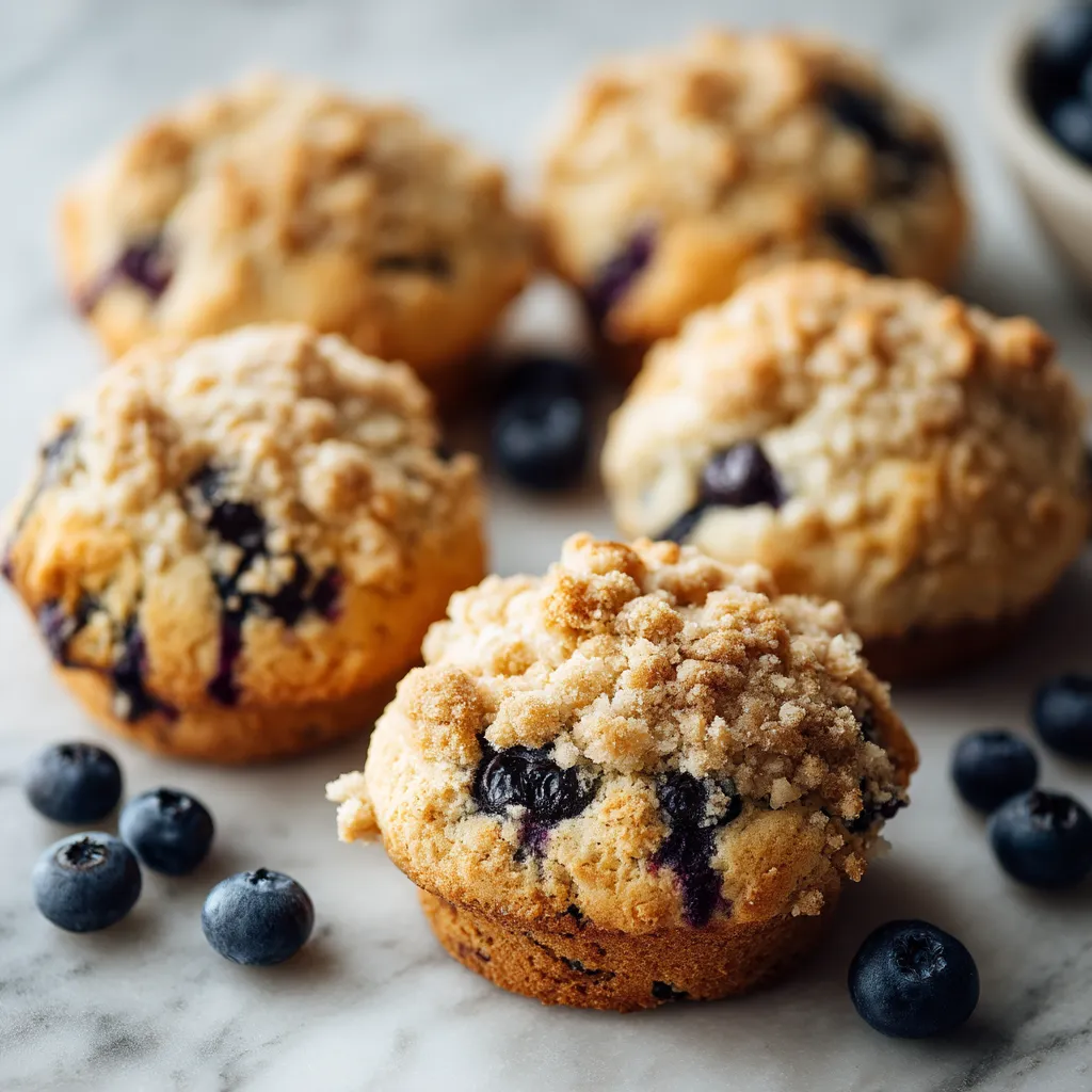 A bowl of muffins with blueberries on top.