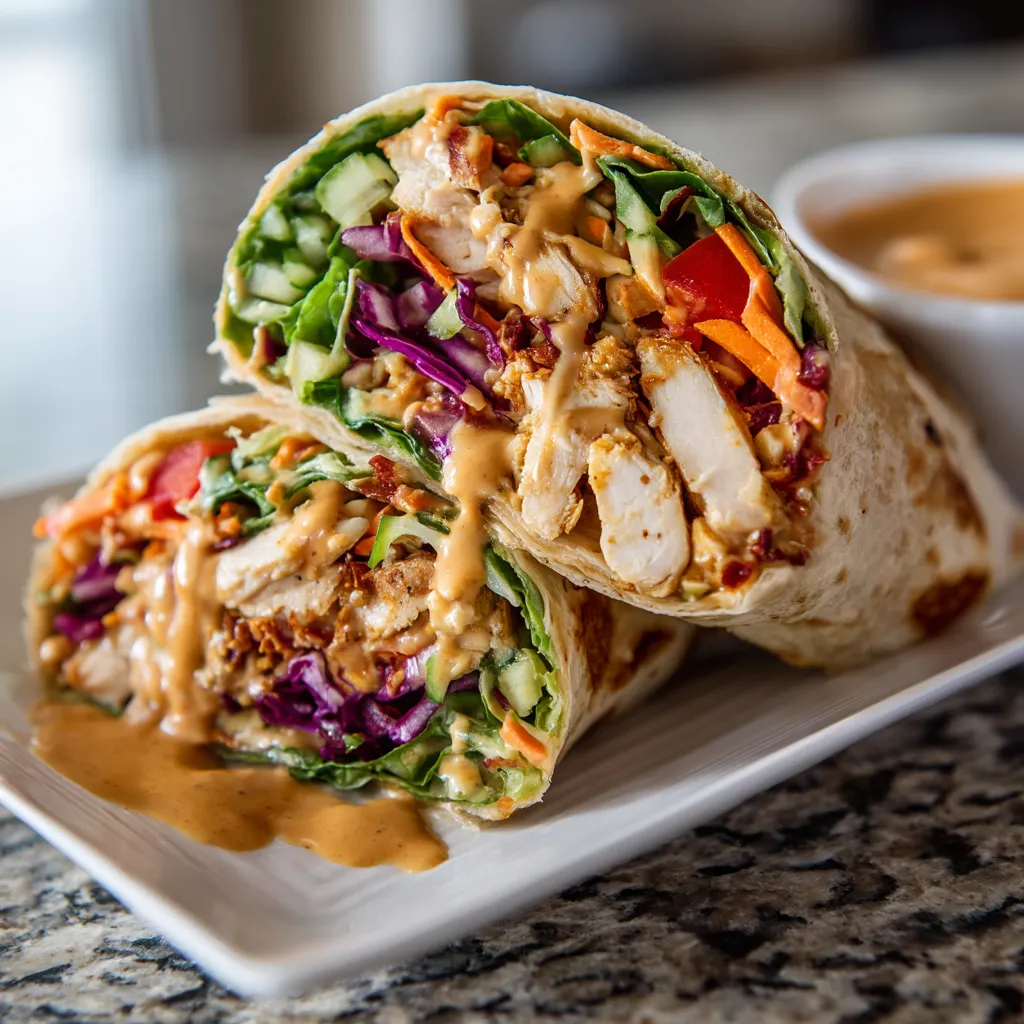 A wrap with chicken and vegetables on a plate.