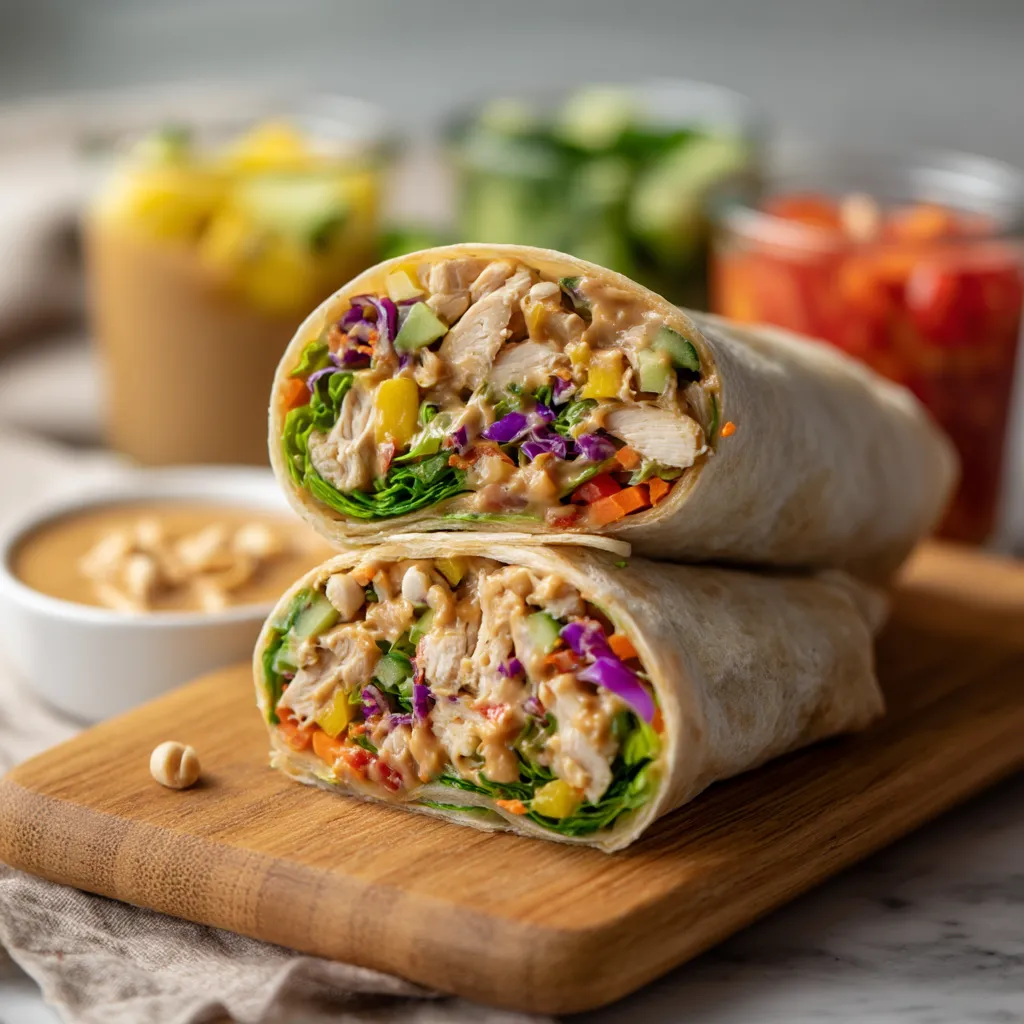 A chicken wrap with vegetables and sauce.
