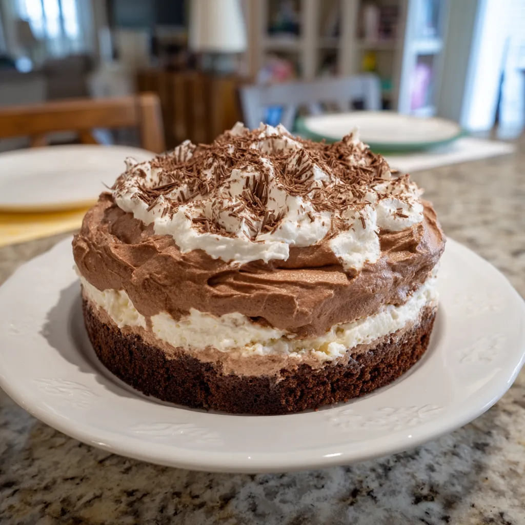 A chocolate cake with white frosting on a plate.