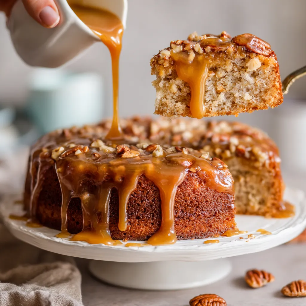 A slice of cake with caramel drizzled on top.