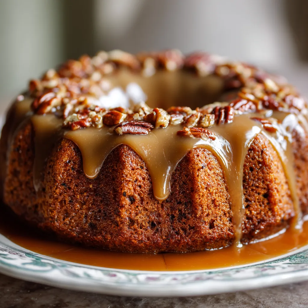A cake with pecans and caramel sauce.