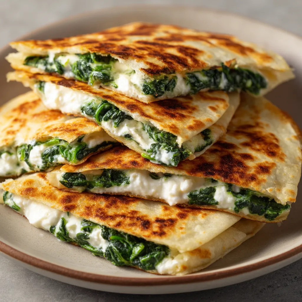 A stack of pancakes with spinach.