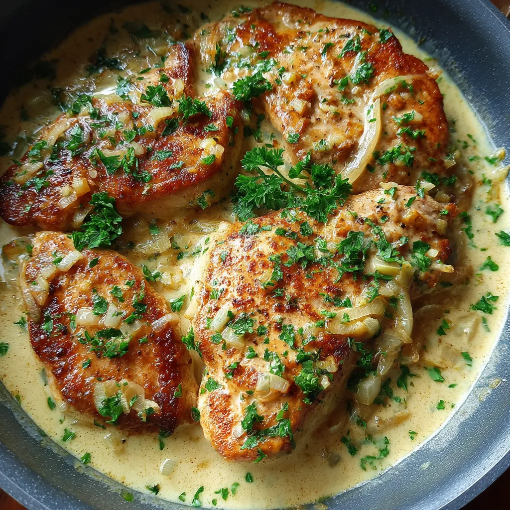 A pan of chicken with onions and herbs.