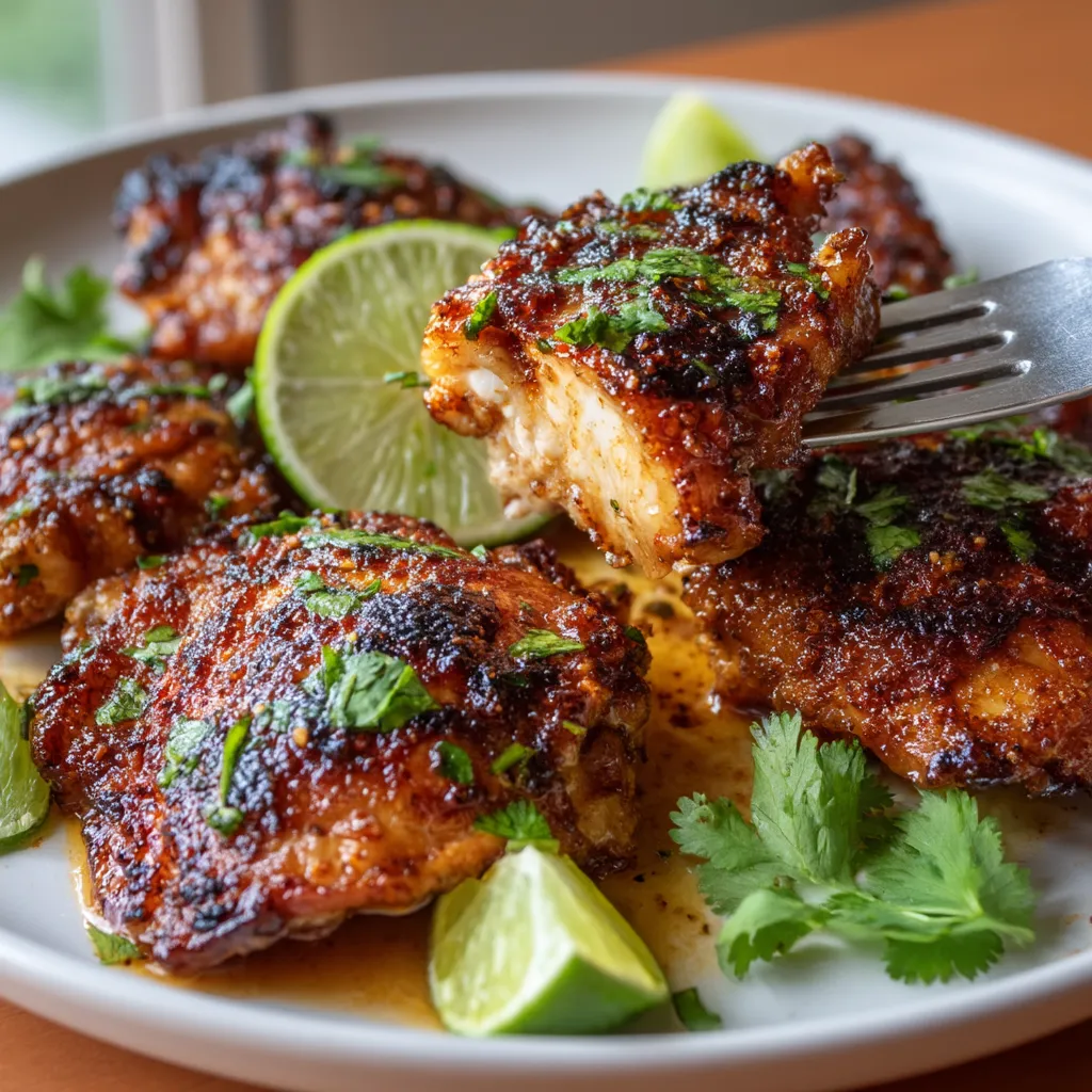 A plate of chicken with lime wedges on top.
