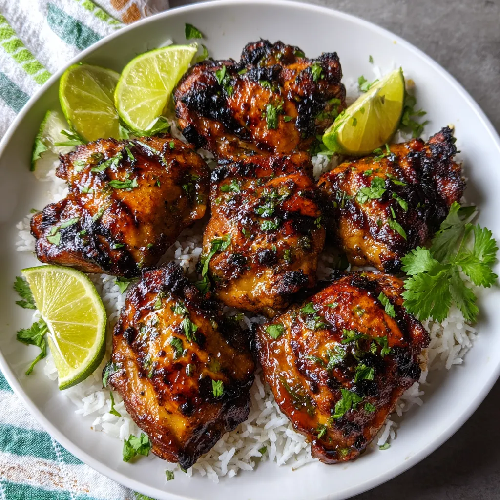 A plate of chicken with rice and lime wedges.