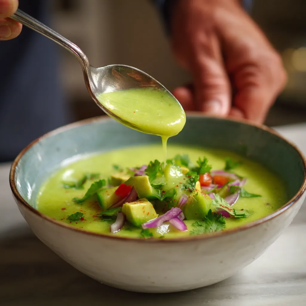 A spoon is being used to scoop soup into a bowl.