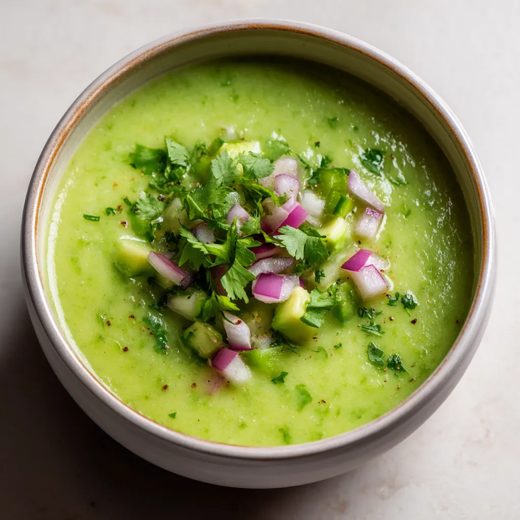 A bowl of soup with green and white vegetables.