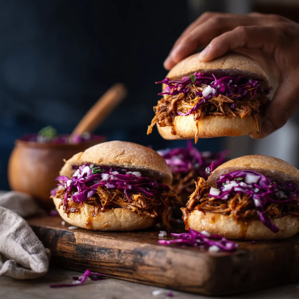 A person is holding a sandwich with purple cabbage.